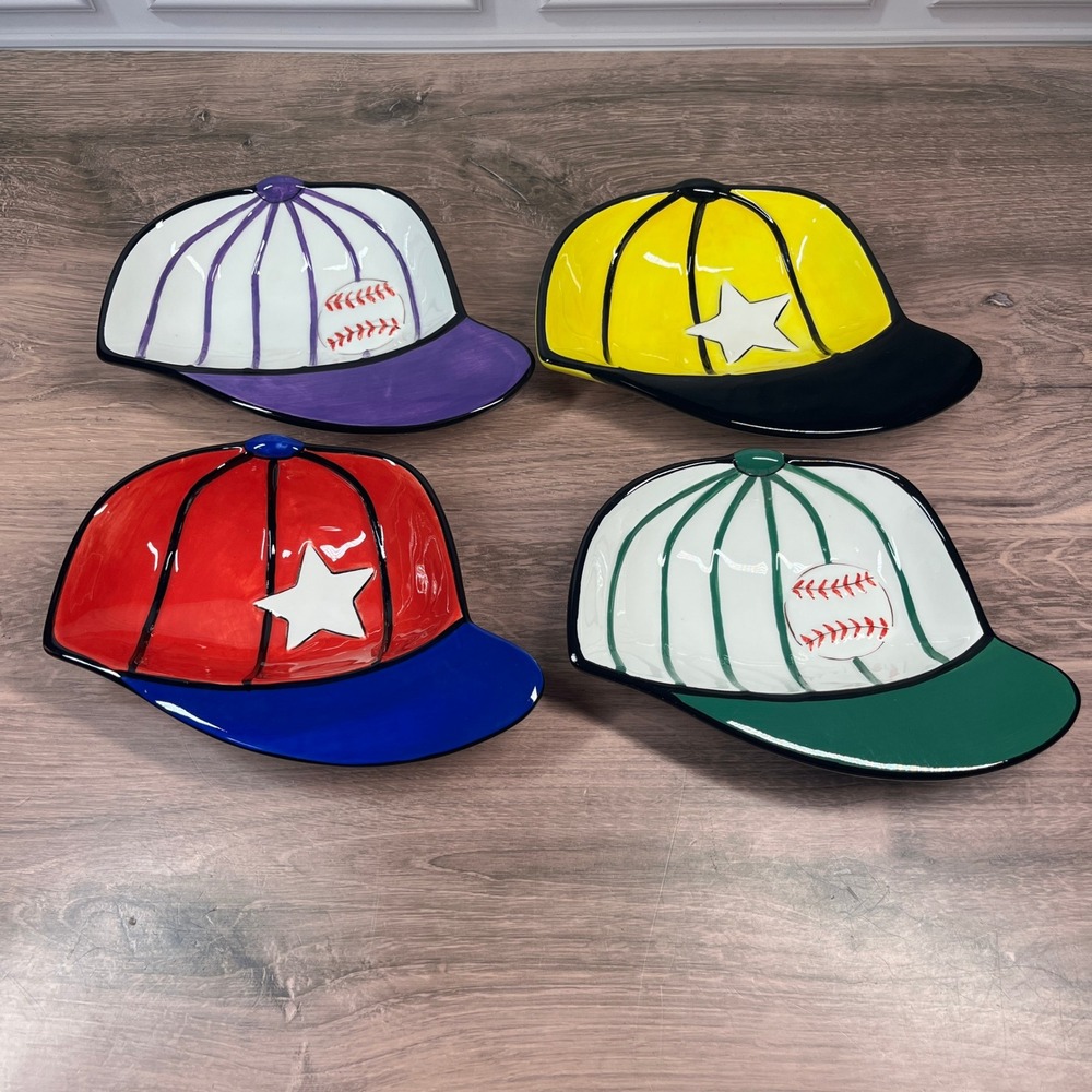 VTG Clay Art Baseball Cap 4pc Snack Bowls Multicolor Ceramic Sports Decor 2006